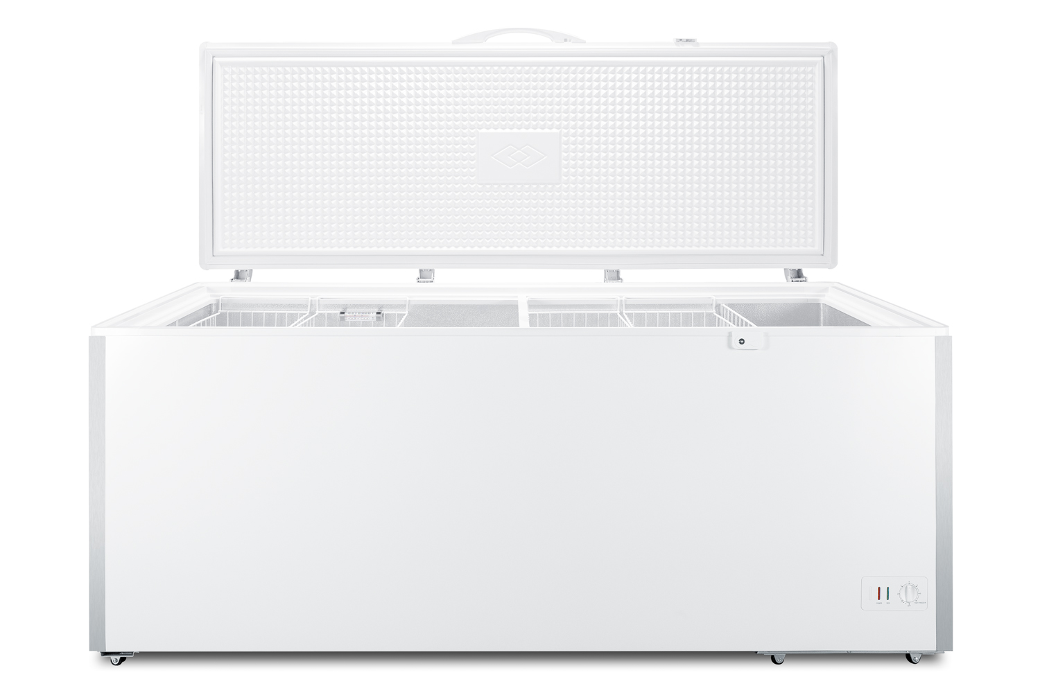 Commercially listed 19.8 cu.ft. manual defrost chest freezer in white with stainless steel corner guards and lock